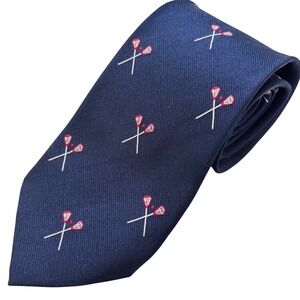 J Crew Navy Silk Tie with Crossed Lacrosse Sticks Embroidery Woven